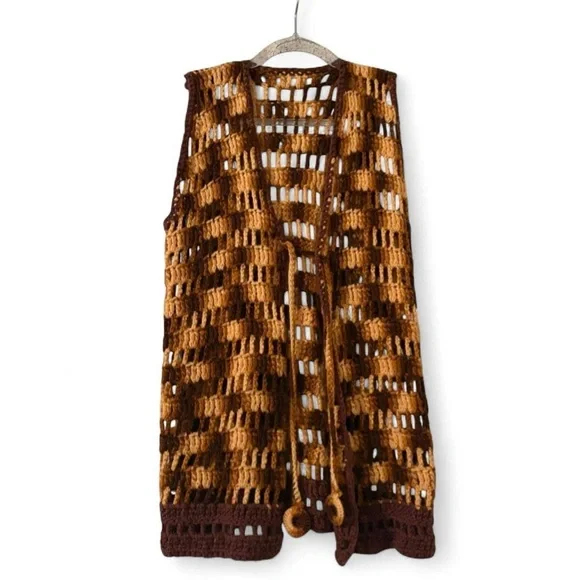 Brown and Tan Crochet Vest - Picture 1 of 2